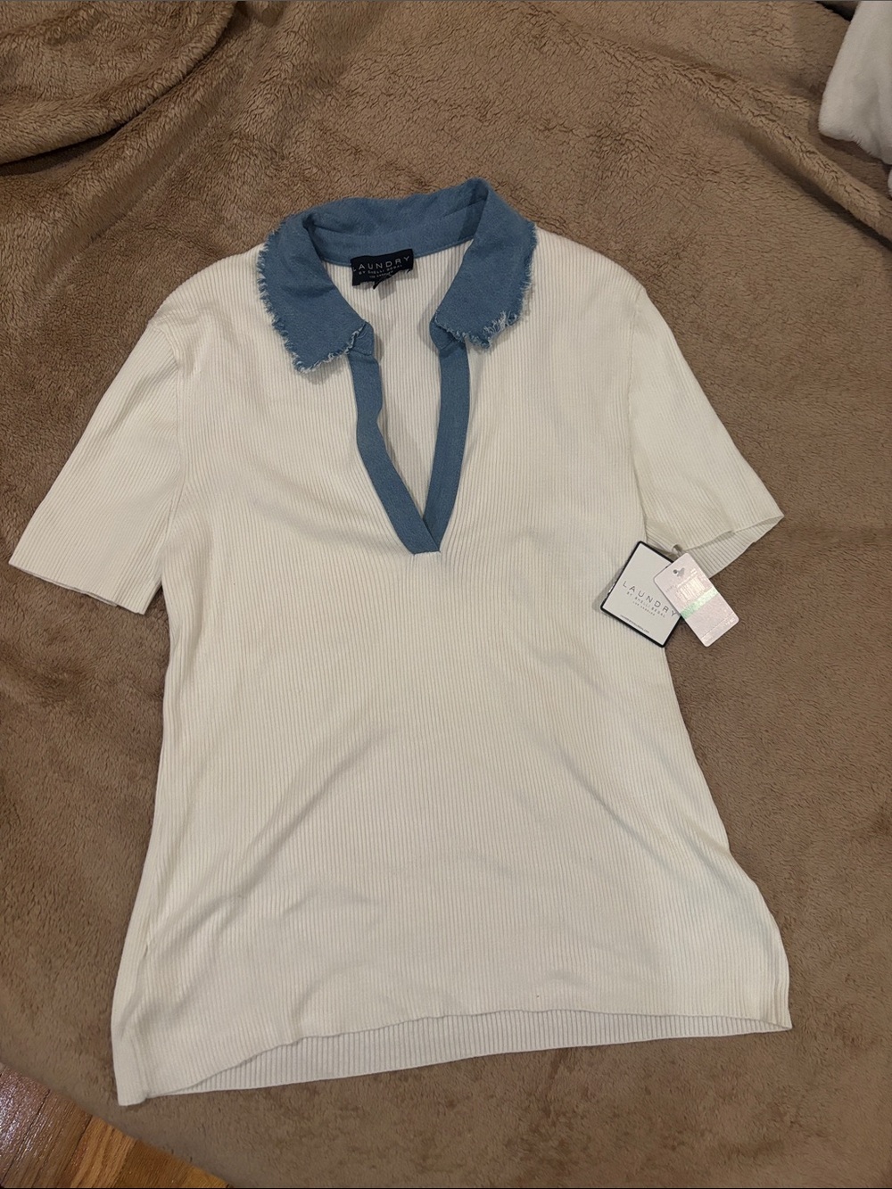 Laundry by Shelli Segal White Top with Blue Denim Collar